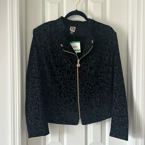 ANNE KLEIN NWT black velvety texture animal print jacket with gold zipper detail